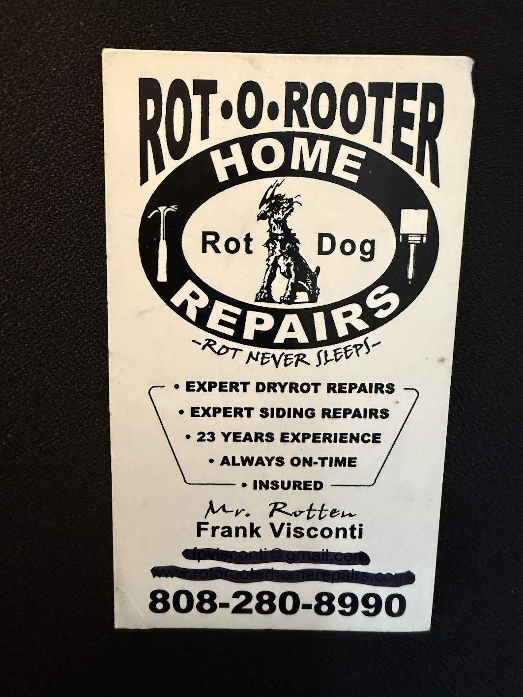 Historic Rot-O-Rooter Home Repairs Rot Dog and Rot Never Sleeps card