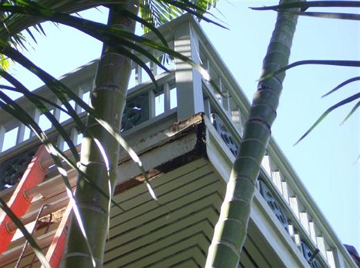 Upper balcony wood rot damage